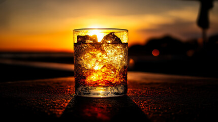 Rum cocktail in lowball glass illuminated by intense sunset light glowing through ice cubes; cocktail silhouette creates dramatic visual impact with tropical warmth and evening mood