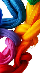 Abstract vibrant colors in flowing ribbons. Intertwined and knotted, showcasing a spectrum of hues on a white background