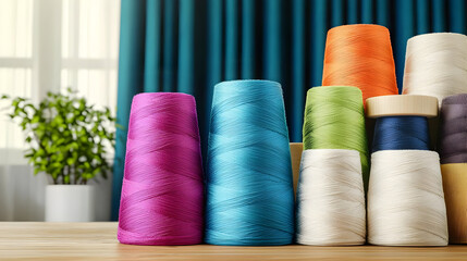 Colorful spools of thread on a wooden table,  in front of teal curtains and a houseplant.  Close-up view
