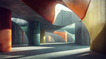 Concrete interior with colorful netting.  Abstract architecture,  sunlit space with textured walls, columns, and organic shapes
