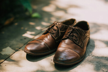 Pair of brown leather shoes with laces placed on concrete ground in soft sunlight, leather surface showing subtle creases and stitching details, calm outdoor still life scene with vintage mood