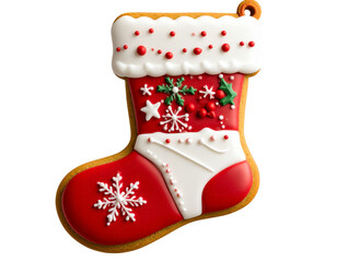 Christmas Stocking Gingerbread Cookie with Red and White Icing Details &ndash; Isolated PNG