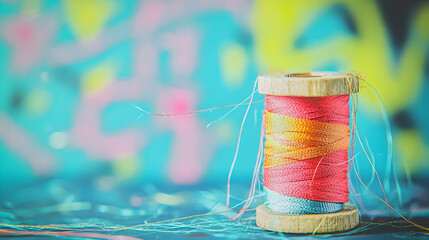 Wooden spool of vibrant colorful thread, slightly out of focus colorful background