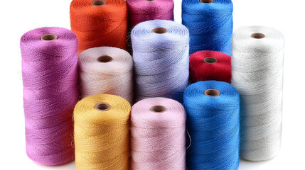 Colorful spools of thread in various shades, neatly arranged.  Close-up view of different colored thread wound onto spools