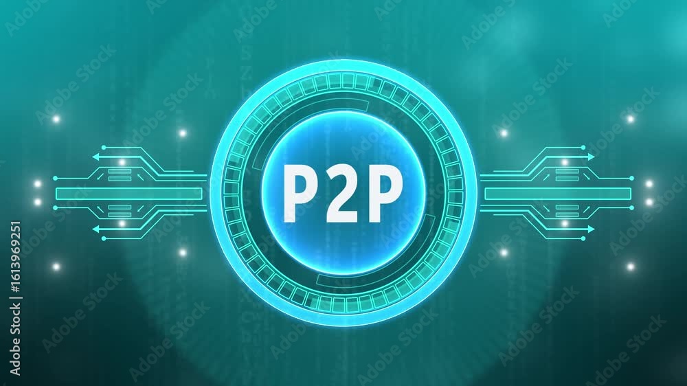 Aufkleber businessman presses button with text p2p peer-to-peer icon on virtual digital electronic user interf