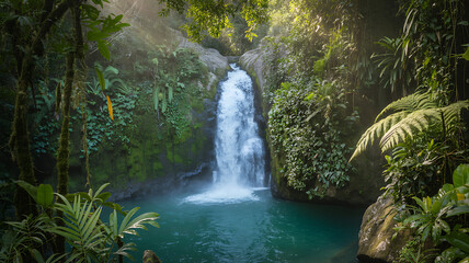 Beautiful waterfall cascading into a turquoise pool surrounded by lush tropical foliage