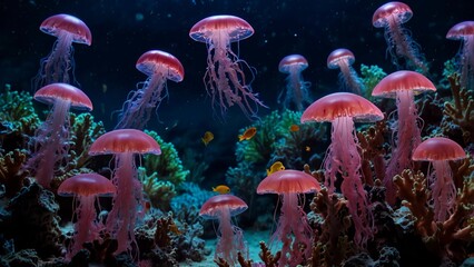 Moon jellyfish, known as Aurelia aurita, gracefully drift through a vibrant underwater scene. Their translucent bodies glow softly, creating an ethereal ambiance among colorful coral reefs