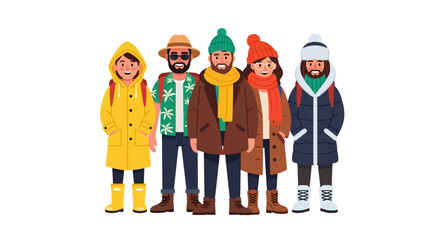 Five people stand together wearing different styles of winter and summer clothing, showcasing diverse fashion choices.