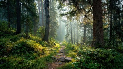 Fototapeta premium Open Path Through a Misty Forest Invites Exploration and Reflection on a Learning Journey Illuminated by Sunlight