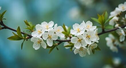 Obraz premium Delicate white cherry blossoms bloom vibrantly on a dark branch, signaling spring's arrival.