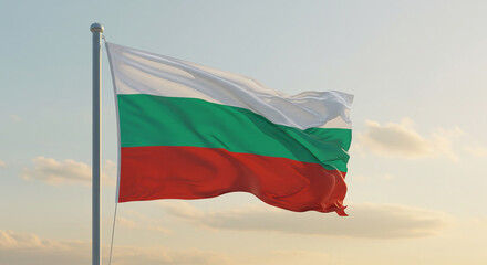 The Bulgarian flag waving calmly in the morning breeze, set against a pale blue sky.