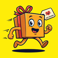 Animated gift box with a smiling face, running to deliver a present.