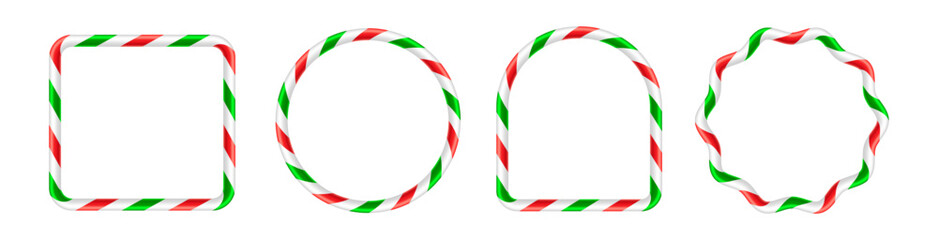 Set of different xmas cane candy frames. Realistic green and red cane border vector frames