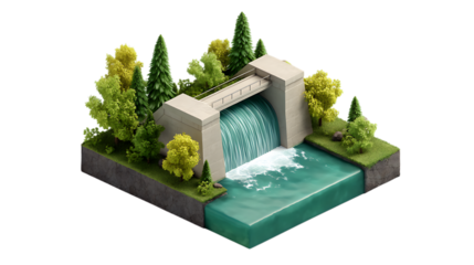 Isometric miniature waterfall and dam scene isolated on transparent background