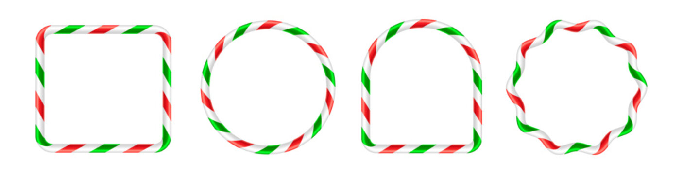 Set of different xmas cane candy frames. Realistic green and red cane border vector frames