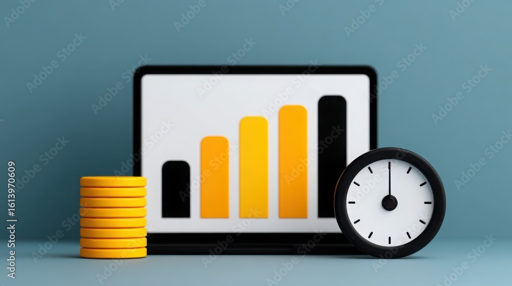 Poster a laptop with a graph and a clock on it