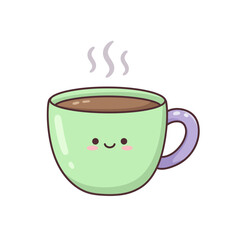 A cheerful, light-green mug of steaming hot cocoa or coffee, with a cute smiling face, sits against a white background.