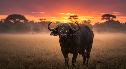 A cape buffalo stands majestically in the african savanna during a vibrant sunset, its silhouette contrasting against the colorful sky