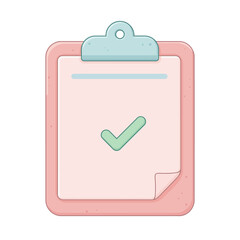 A pastel pink clipboard displays a checklist with a green checkmark, signifying completion or approval.