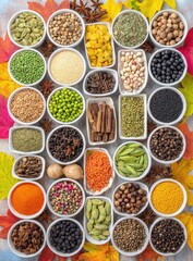 Fototapeta premium Assortment of spices in small white bowls