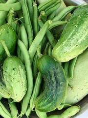 Domestic cucumbers and green beans group top view, home growing, farm harvest