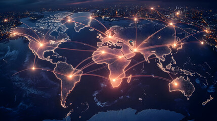 Global network interconnectedness.  World map showing international connections via glowing lines between major cities