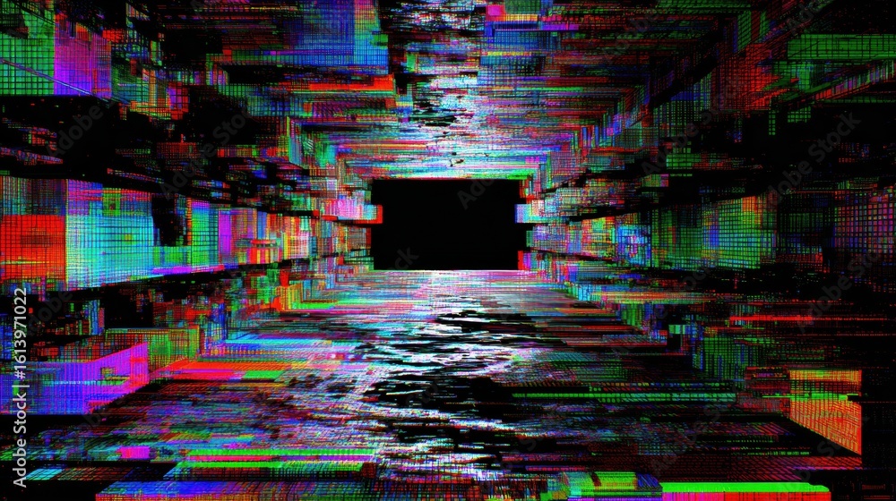 Poster glitch-style 3d panel set in a vibrant matrix environment with an advertisement area on the center-l
