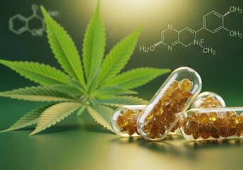 Medical marijuana: CBD capsules and chemical structures on a hemp leaf