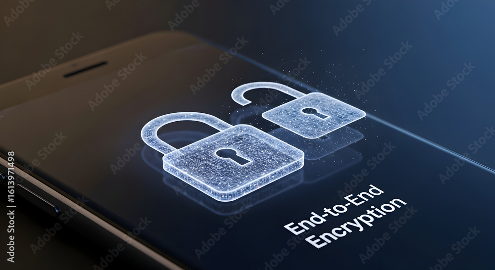 Poster digital padlocks illuminate a smartphone screen, symbolizing secure communication and data protectio