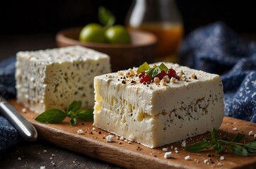 Greek feta: salty sheep's cheese on a wooden board with herbs and spices.