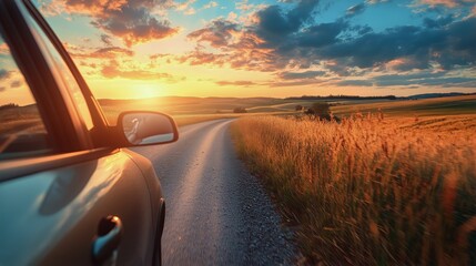 Sunset Drive Along a Winding Road Through Golden Fields and Vibrant Skies in the Countryside