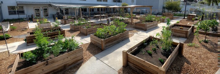 Wheelchair-accessible School Garden With Engaging Students Tending to Vegetable Beds During Springtime