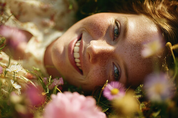 Beautiful smiling woman lying in the field of flowers	