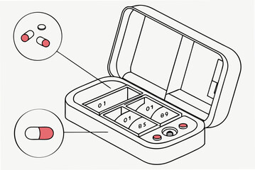 Open Pill Organizer with Capsules and Tablets.