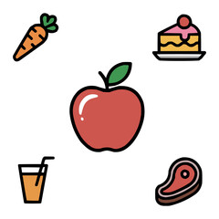 Detailed Line Art Icons of Refreshments and Edibles Including Hot Drinks, Smoothies, Cupcakes, and Baskets of Produce