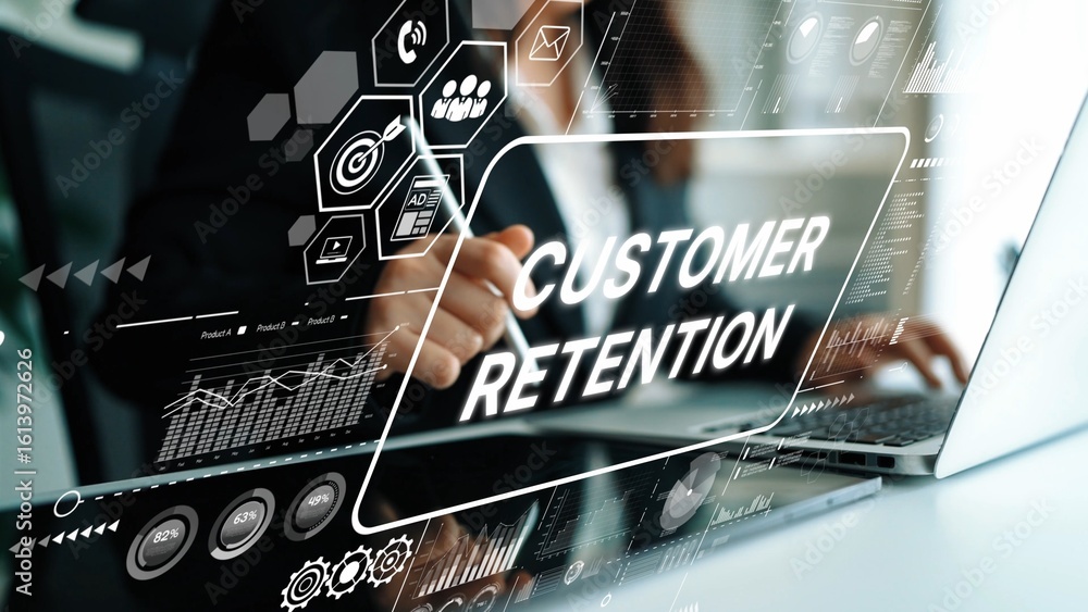 Poster business professional analyzing customer retention strategies with data visualizations and digital i