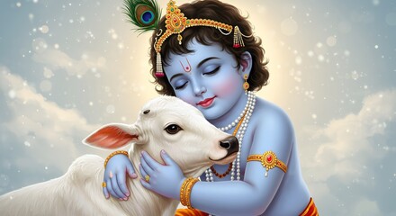 Illustration of baby krishna embracing a white calf, adorned with traditional jewelry and a peacock feather
