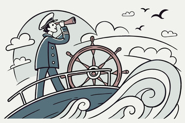 Sailor with Spyglass on a Ship Steering Wheel.