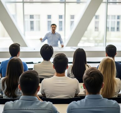 Las espaldas de ocho estudiantes hispanos, dos estudiantes asi&aacute;ticos y dos estudiantes universitarios blancos escuchando una conferencia de un profesor hispano. 