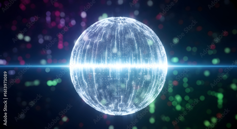 Poster digital aurora effect emanating from a glowing orb surrounded by cosmic particles and vibrant light 