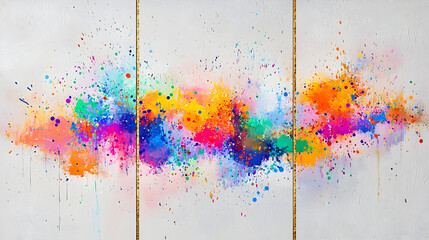 Vibrant, dynamic abstract painting.  Colorful splatter patterns on light background.  Tripartite design