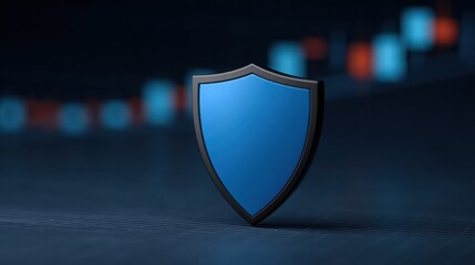 A blue shield with a black border sits on a dark surface