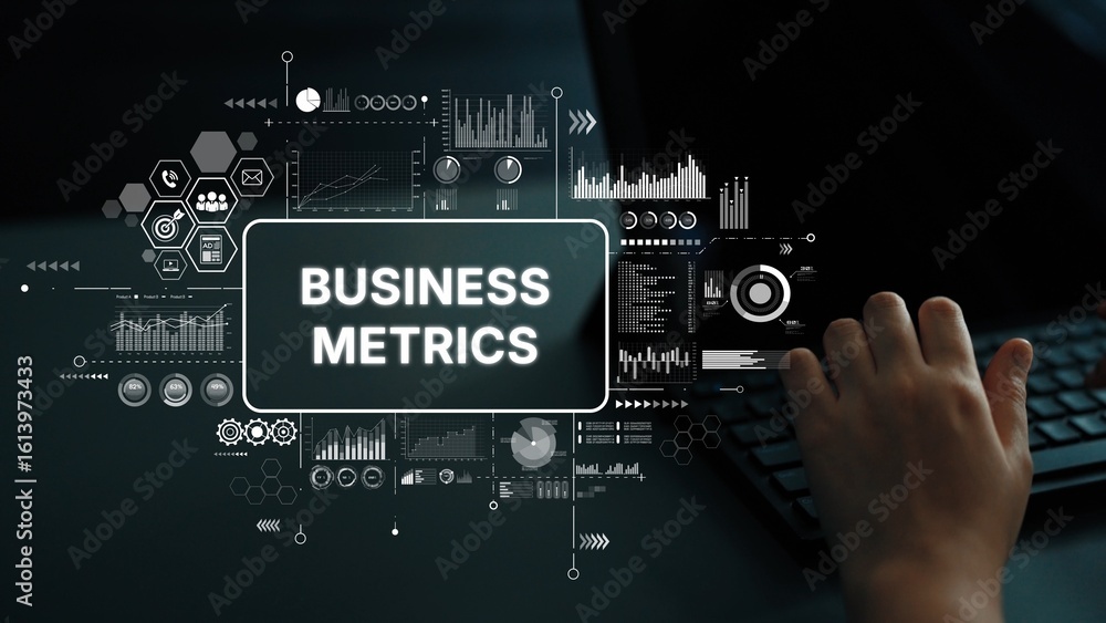 Poster business metrics dashboard visualization for data analysis and performance tracking in corporate env