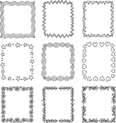 Collection of nine decorative hand drawn frames in black and white perfect for design projects
