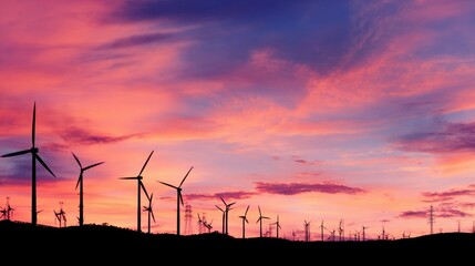 Obraz premium Wind turbines spinning against colorful sunset sky clouds