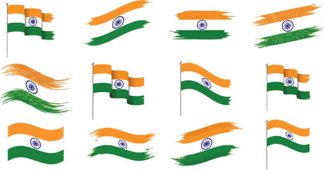 Collection of indian flag illustrations with various styles and presentations on a white background