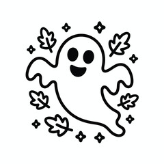Vector illustration of a cute halloween ghost surrounded by autumn leaves and sparkling stars