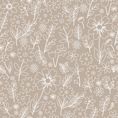Seamless vector pattern with white flower silhouettes on a beige background. Ideal for packaging, textiles or printing, card design. Vector illustration.