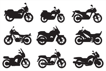 Black silhouette collection of different motorcycle styles on white background motorcycle icon