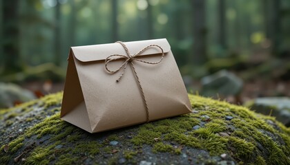 Eco-friendly triangular paper package with natural twine bow resting gently on a vibrant mossy rock in tranquil forest light.